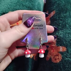 Handmade cute dangley dainty red and white mushroom earrings